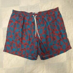 Trunks Men's Swimsuit, XXL, with liner, red, auqa with flowers & leafs